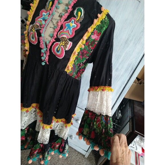 Love Positano Fringed Embroidered Flared Sleeve Dress Boho Cottage Core Feminine - Picture 6 of 15